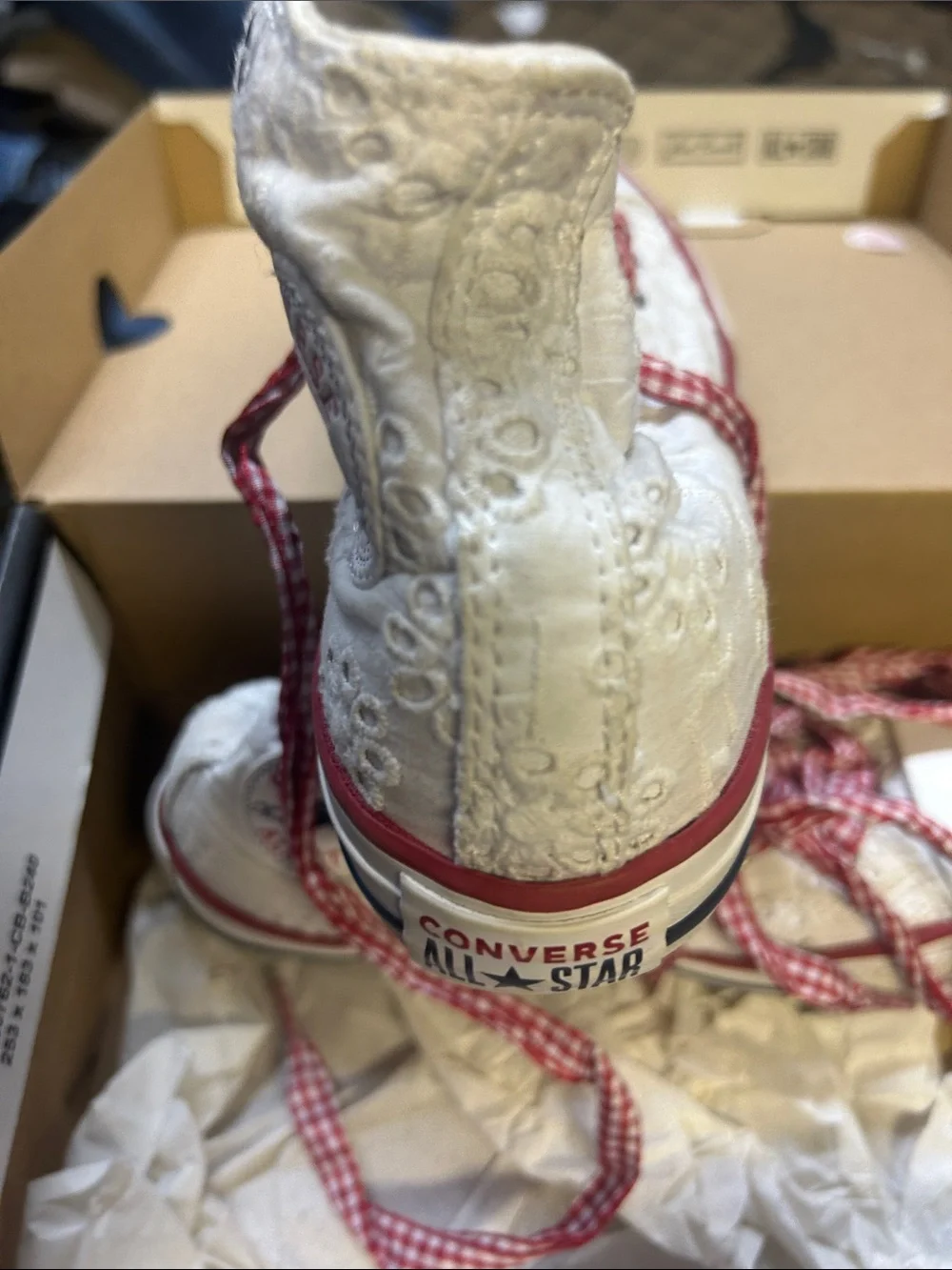 Converse White Kids High-Top Sneakers with Red Gingham Laces NEDOS